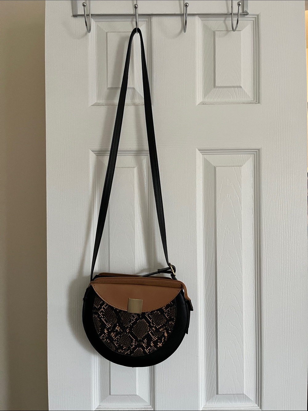Time and Tru Black and Tan Crossbody with Snake-Print Front